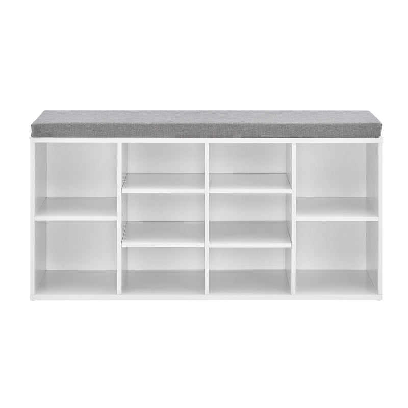Maßskizze Schuhregal Ymir 103x30x48 cm 10 Ablageflächen Sitzbank Weiß/Grau en.casa