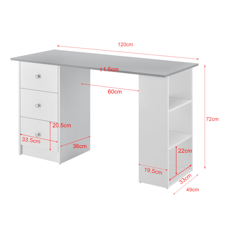 Maßskizze Schreibtisch Lemberg 120x50x72 cm mit Schubladen + Ablage en.casa