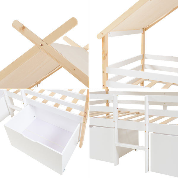 Hausbett Surnadal mit Matratze 90x200 cm Kiefernholz Weiß/Natur [en.casa]