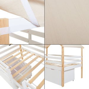 Hausbett Surnadal mit Matratze 90x200 cm Kiefernholz Weiß/Natur [en.casa]