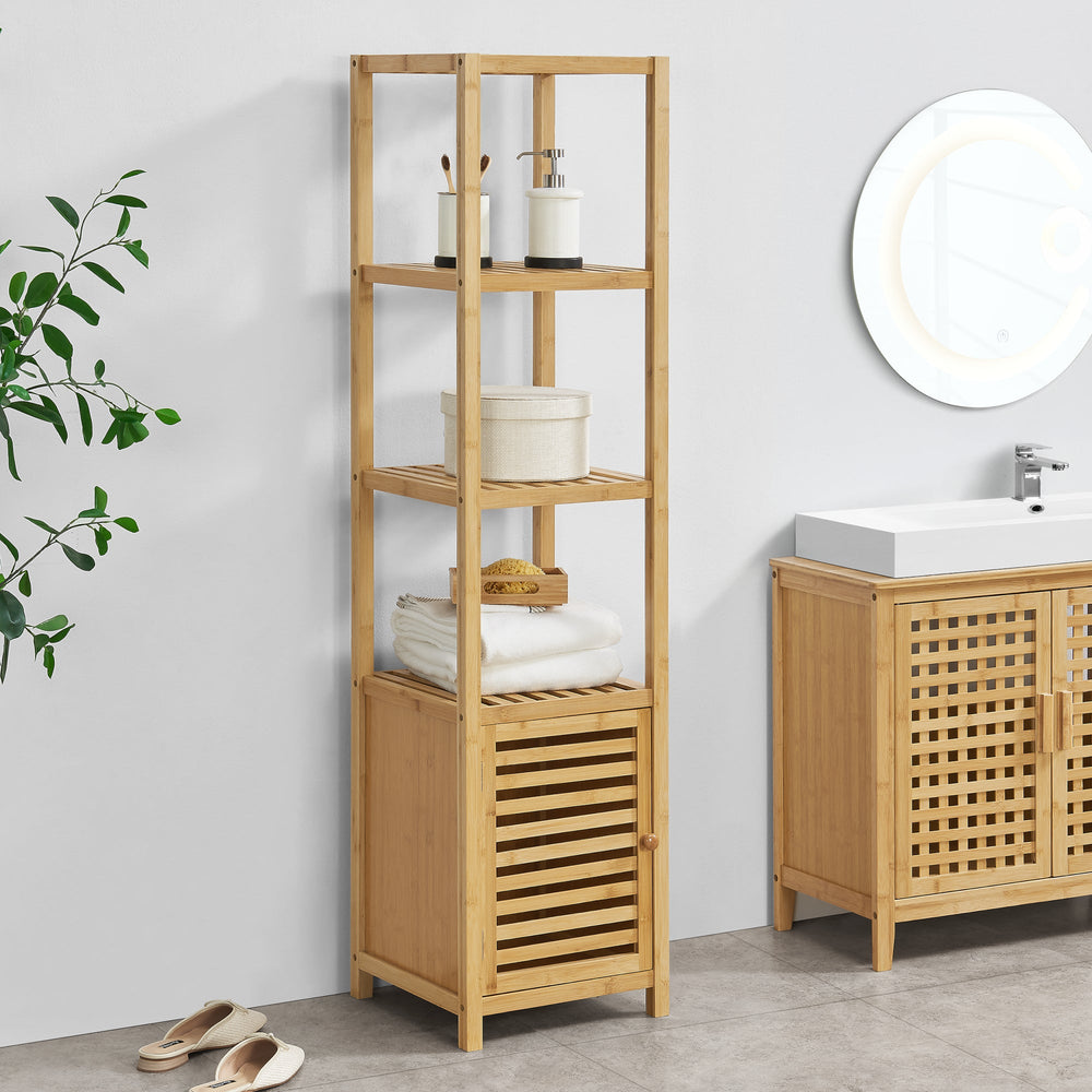 Bambusregal Liminka Badregal mit Schranktür 140x34x33cm [en.casa] - premiumXL