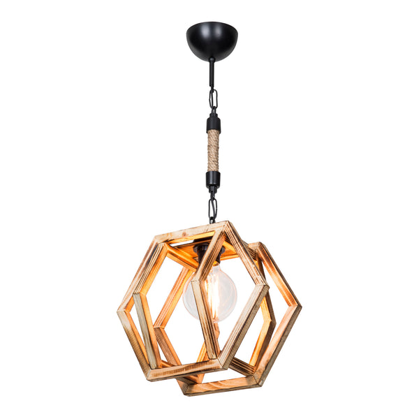 Hängeleuchte Cheltenham E27 Metall Massivholz Juteseil Schwarz / Holzoptik / Jutefarben [lux.pro]