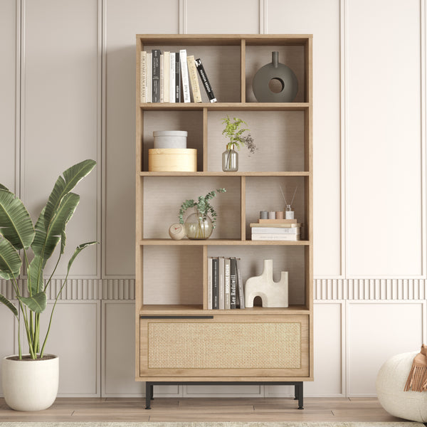 Bücherregal Kvænangen 176x84x30 cm Eichenoptik/Rattanoptik [en.casa]