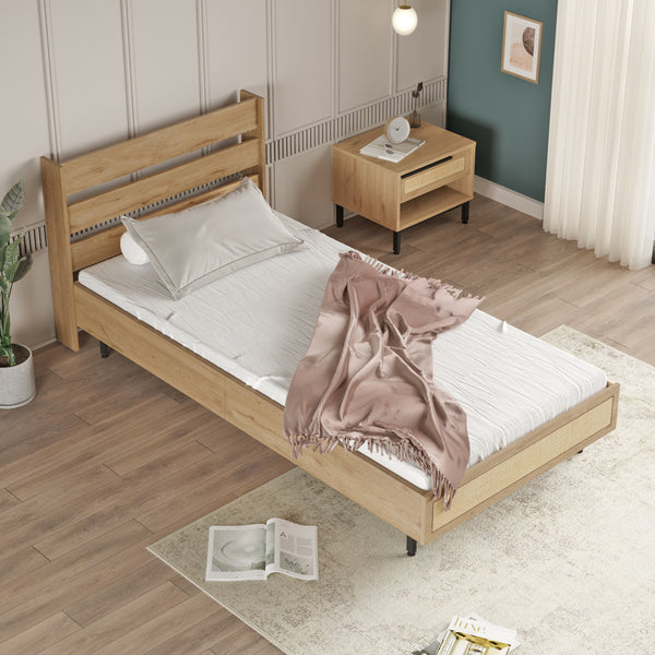 Einzelbett Kvænangen 100x200 cm Eiche-/Rattan-Optik [en.casa]