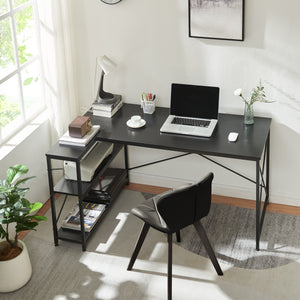 Schreibtisch Raundsvalt mit 1 Regal L-förmig 137x88x75 cm Schwarz [en.casa]