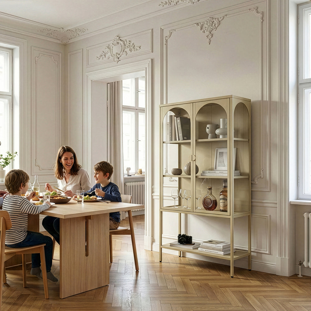 Vitrinenschrank Klippestad Stahl 160x80x35 cm Kamelfarben [en.casa]