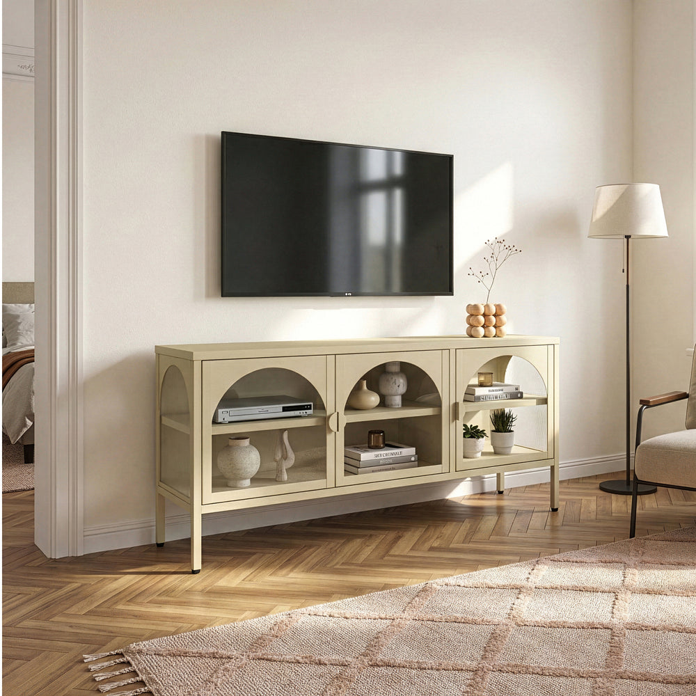 Vitrinen-Sideboard Klippestad Stahl 118x35x55 cm Kamelfarben [en.casa]