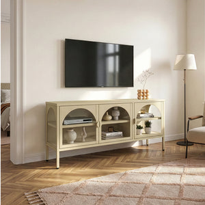 Vitrinen-Sideboard Klippestad Stahl 118x35x55 cm Kamelfarben [en.casa]