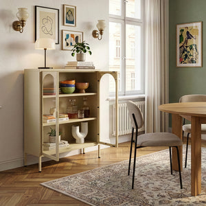 Vitrinen-Sideboard Klippestad Stahl 95x80x35 cm Kamelfarben [en.casa]