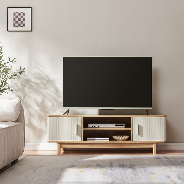 Fernsehschrank Ferrersp mit 2 Türen 140x40x45 cm Eicheoptik/Sandfarben [en.casa]