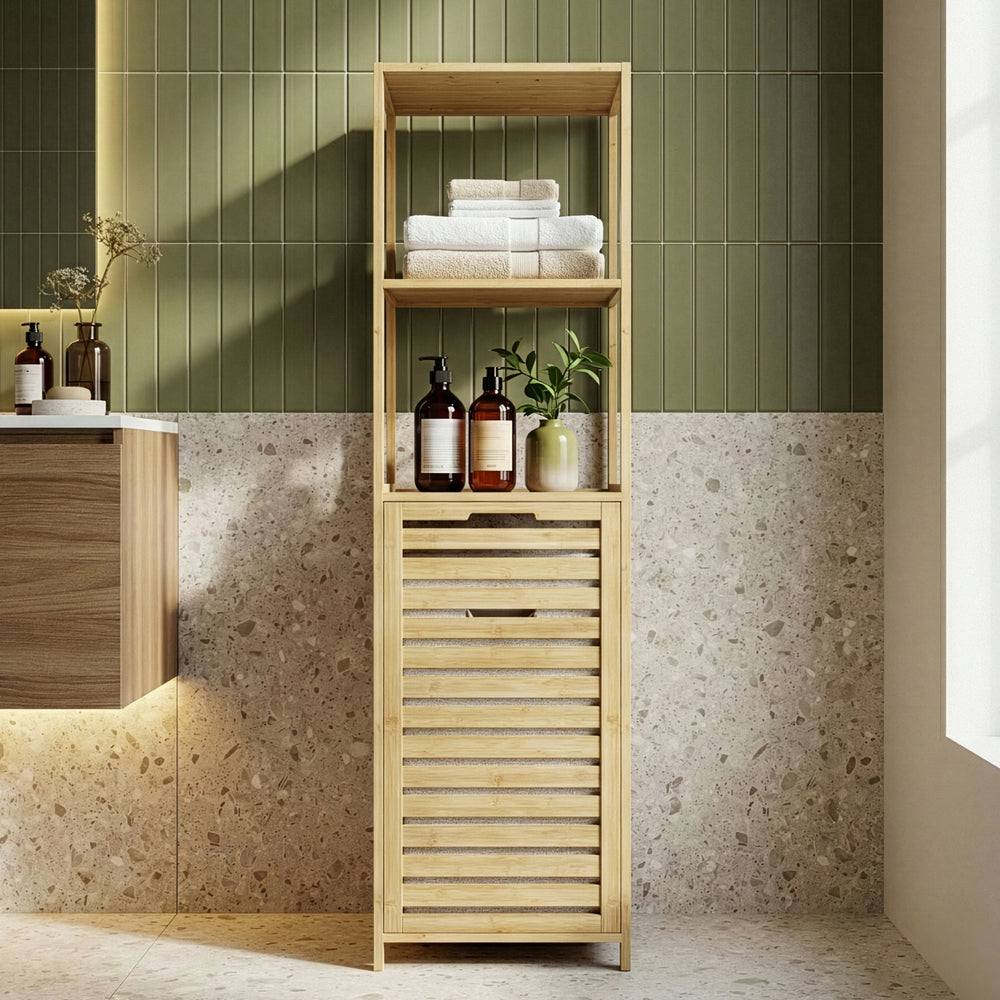 Badregal mit Wäschesammler Anun 130x36x33 cm Bambus Holzfarben [en.casa]