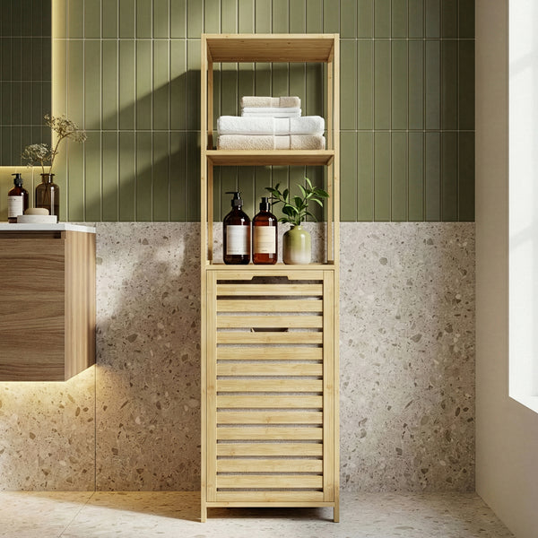 Badregal mit Wäschesammler Anun 130x36x33 cm Bambus Holzfarben [en.casa]