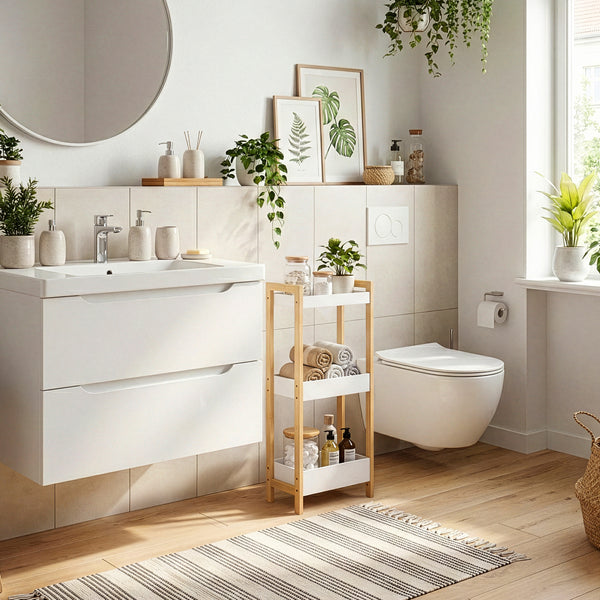 Badregal Anun mit 3 Ebenen 75x28x20 cm Bambus Natur/Weiß [en.casa]