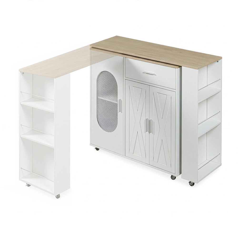 Rollbare Kücheninsel mit drehbarer Arbeitsplatte Kudebola 115x40x94 cm Eicheoptik/Weiß [en.casa]