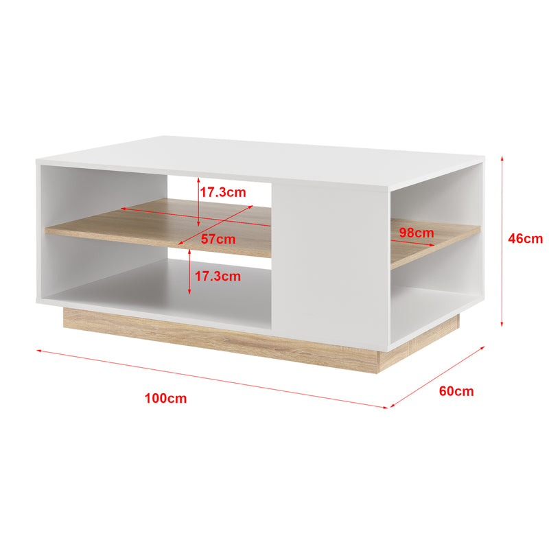 Maßskizze Couchtisch Trelleborg 100x60x46 cm mit 2 Ablagen Weiß/Eiche en.casa