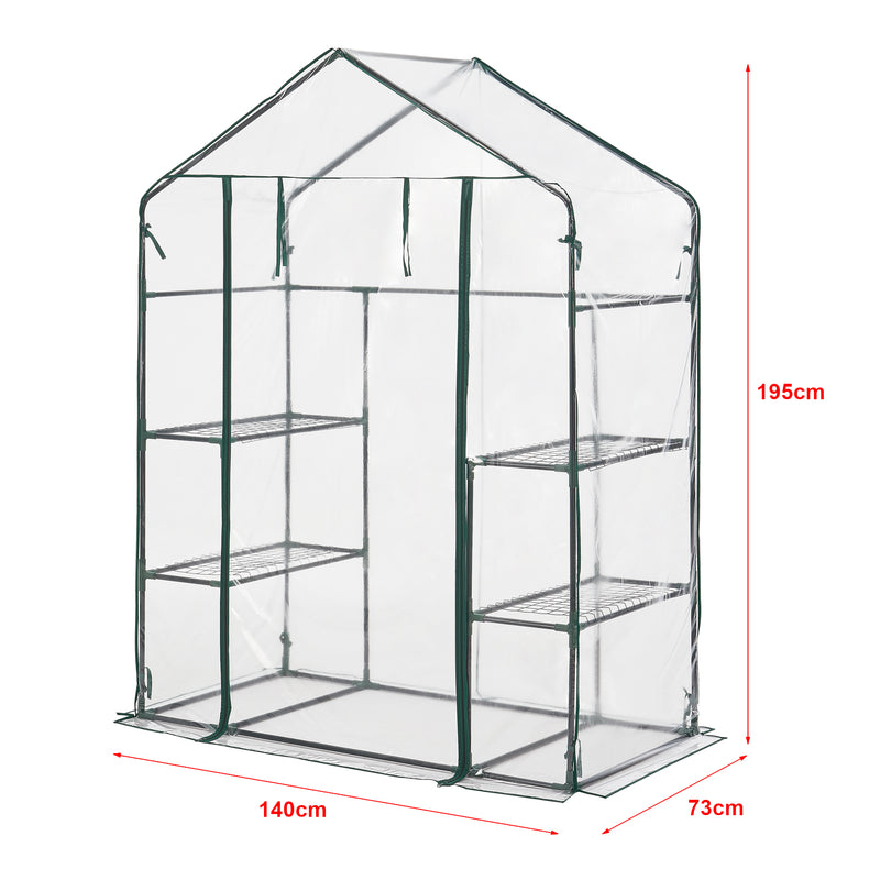 Maßskizze Gewächshaus Hoorn mit Ablagen 140x73x195cm Transparent [en.casa]