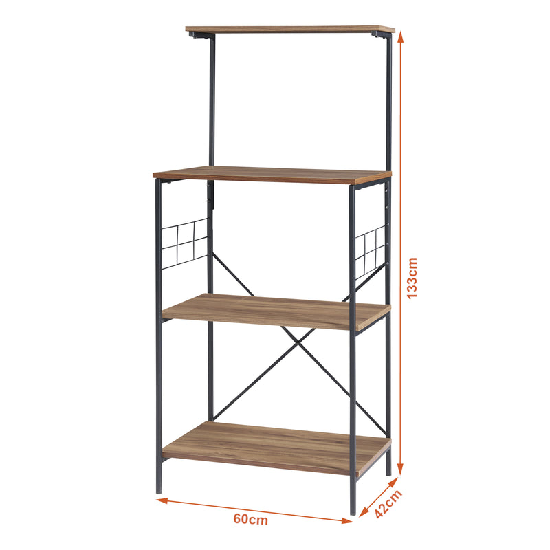 Maßskizze Standregal Billund mit 4 Ablageflächen 133 x 60 x 42 cm Schwarz / Walnuss-Optik [en.casa]
