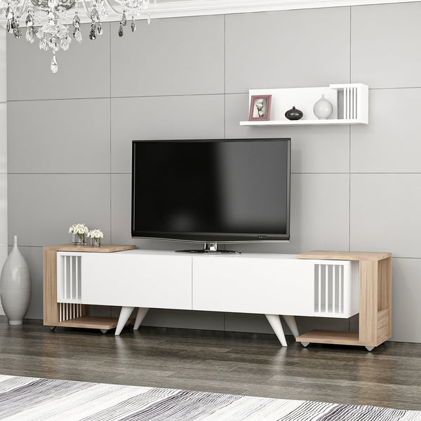 Fernsehtisch mit Regal und 2 Beistelltischen Glostrup Eicheoptik / Weiß [en.casa]