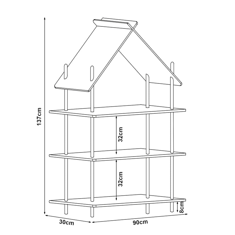Maßskizze Kinderregal Hamarøy Bambus in Hausoptik 137x90x30cm [en.casa]