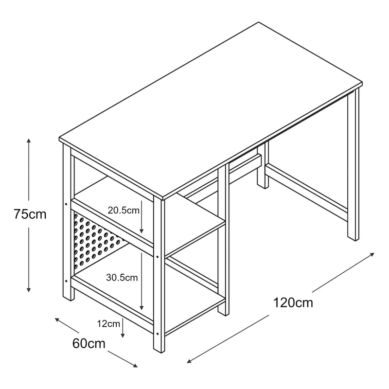 Maßskizze Schreibtisch Dønna 120x60x75cm Schwarz/Holzfarben [en.casa]