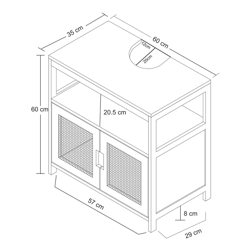 Maßskizze Waschbeckenunterschrank Tervola 60x60x35 cm Schwarz/Bambus [en.casa]