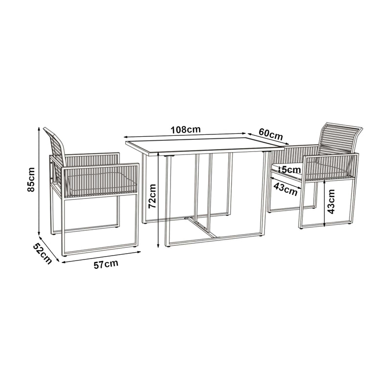 Maßskizze Gartenmöbelset Accadia 3-tlg. Schwarz/Braun [casa.pro]