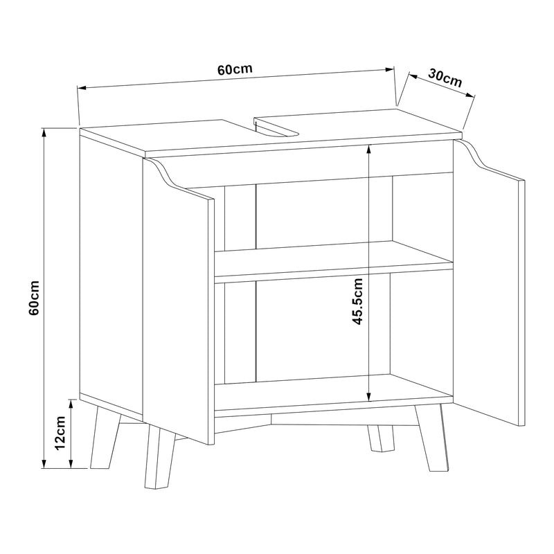 Maßskizze Waschbeckenunterschrank Overath 60x60x30cm Grau [en.casa]