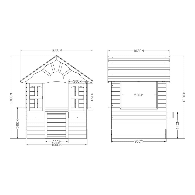 Maßskizze Kinderspielhaus Vesa 138x120x102 cm Tannenholz Grau [casa.pro]