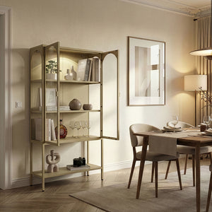 Vitrinenschrank Klippestad Stahl 160x80x35 cm Kamelfarben [en.casa]