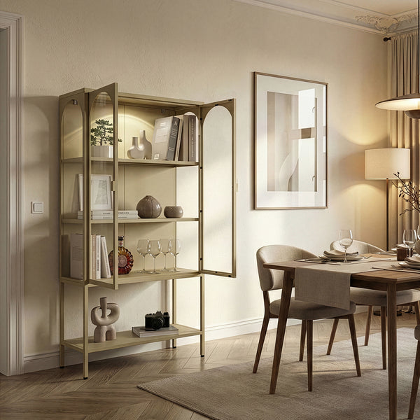 Vitrinenschrank Klippestad Stahl 160x80x35 cm Kamelfarben [en.casa]