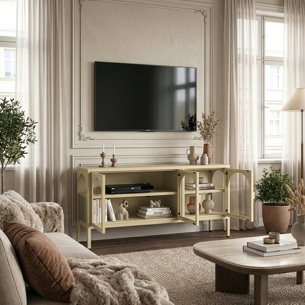 Vitrinen-Sideboard Klippestad Stahl 118x35x55 cm Kamelfarben [en.casa]