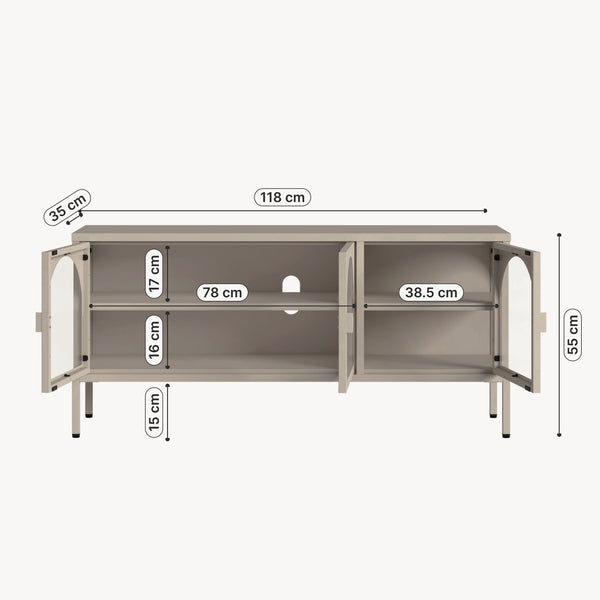 Vitrinen-Sideboard Klippestad Stahl 118x35x55 cm Kamelfarben [en.casa]