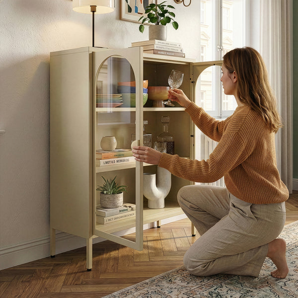 Vitrinen-Sideboard Klippestad Stahl 95x80x35 cm Kamelfarben [en.casa]
