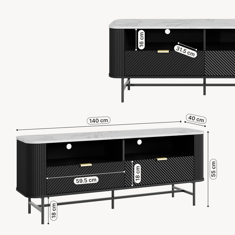 Maßskizze TV-Lowboard Olvehok 140x40x55 cm Schwarz/Marmoroptik, weiß [en.casa]
