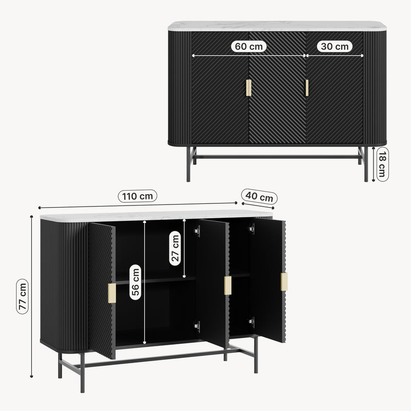 Maßskizze Sideboard Olvehok 110x40x77 cm Schwarz/Marmoroptik, weiß [en.casa]