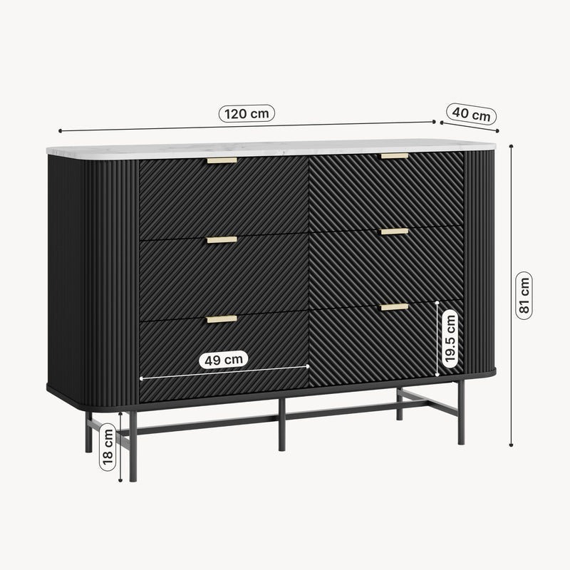 Maßskizze Kommode Olvehok 120x40x81 cm Schwarz/Marmoroptik, weiß [en.casa]
