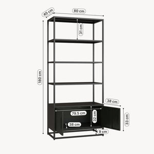 Bücherregal mit Schrank Hailuoto 80x40x180 cm Stahl Schwarz, matt [en.casa]