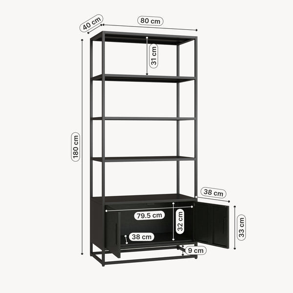 Bücherregal mit Schrank Hailuoto 80x40x180 cm Stahl Schwarz, matt [en.casa]