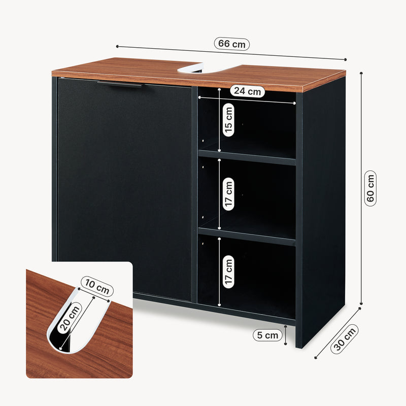 Maßskizze Waschbeckenunterschrank Trond 60x66x30 cm Schwarz/Walnussoptik [en.casa]