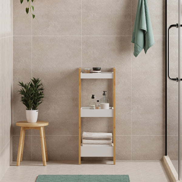 Badregal Anun mit 3 Ebenen 75x28x20 cm Bambus Natur/Weiß [en.casa]
