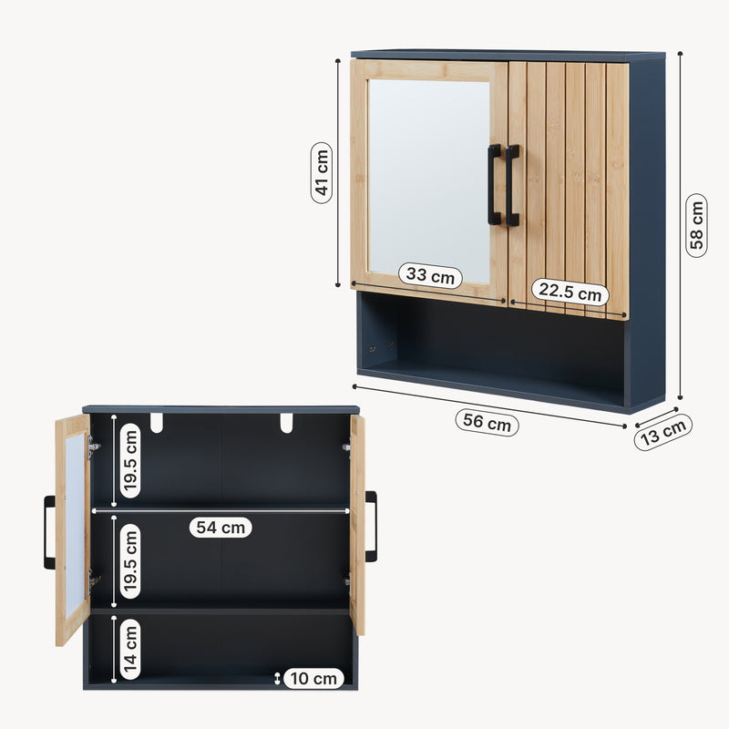 Maßskizze Spiegelschrank Svanes 58x56x13 cm Dunkelgrau/Natur [en.casa]