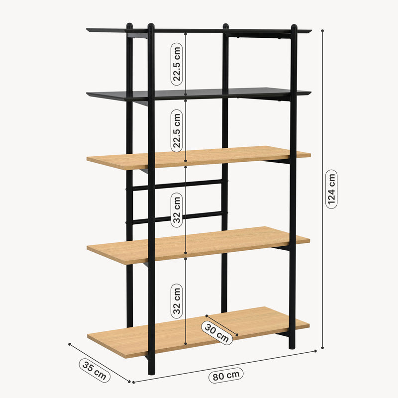 Maßskizze Bücherregal Kappespoo 124x80x35 cm Schwarz/Eicheoptik [en.casa]