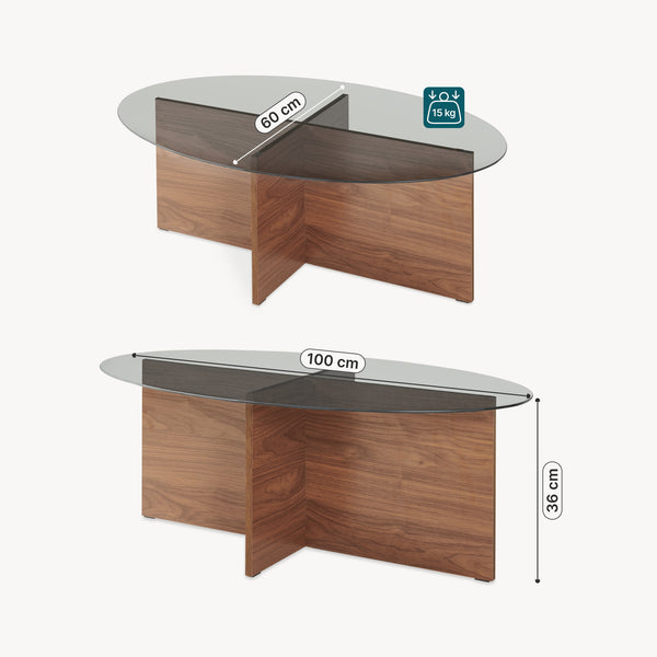 Couchtisch Viroya mit Glasplatte 100x60x36 cm Walnussoptik/Grau [en.casa]