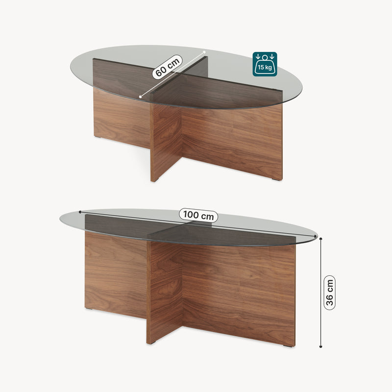 Maßskizze Couchtisch Viroya mit Glasplatte 100x60x36 cm Walnussoptik/Grau [en.casa]