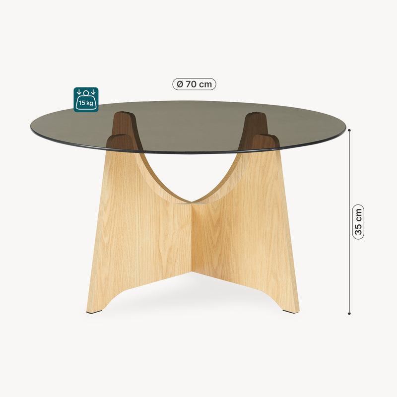 Maßskizze Couchtisch 'Omlar' mit Glasplatte rund Ø70 x 35 cm Eicheoptik / Rauchgrau