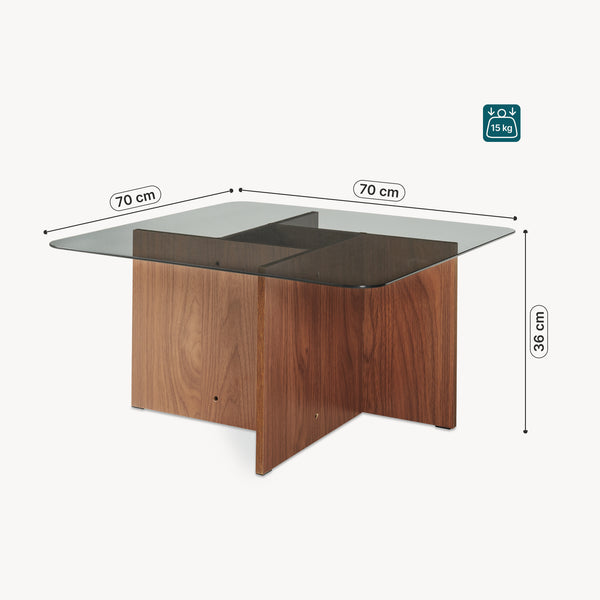 Couchtisch Benexjö mit Glasplatte 70x70x36 cm Walnussoptik/Grau [en.casa]