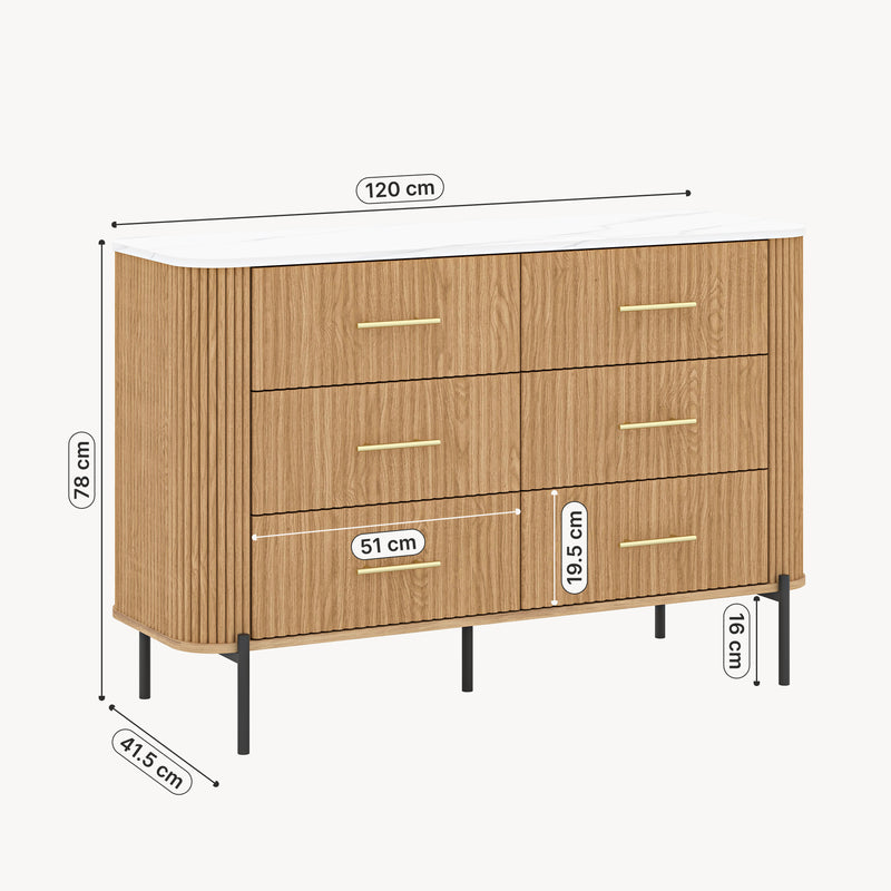 Maßskizze Kommode Kokunse mit 6 Schubladen 120x42x78 cm Eicheoptik [en.casa]