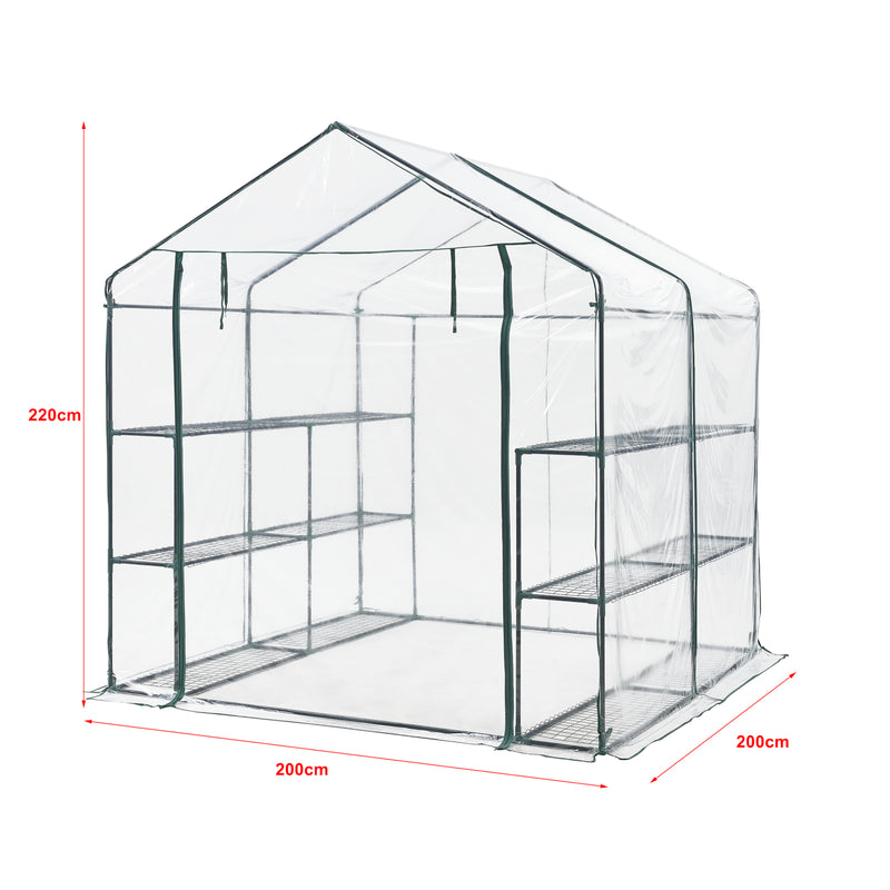Maßskizze Gewächshaus Grünau mit Ablagen 200x200x220cm Transparent [en.casa]