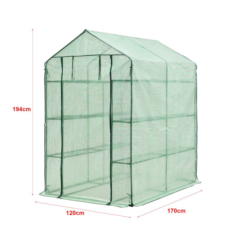 Maßskizze Gewächshaus Vale mit Ablagen 120x170x194cm Grün [en.casa]