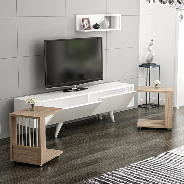 Fernsehtisch mit Regal und 2 Beistelltischen Glostrup Eicheoptik / Weiß [en.casa]